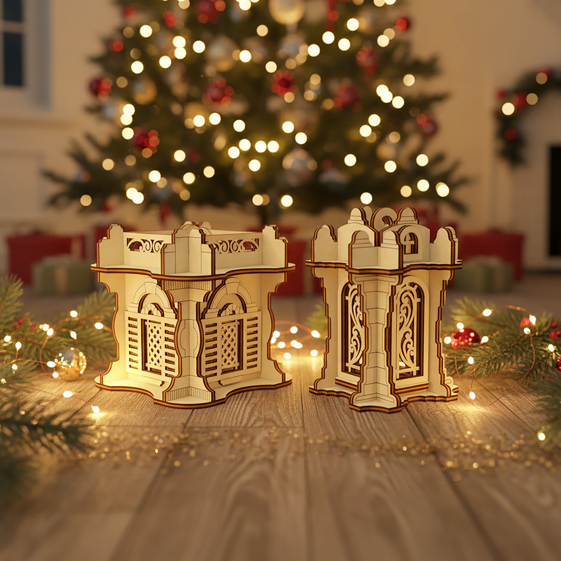Elegant laser cut Ornaments #4 in the form of illuminated miniature towers with lattice windows and decorative rooftops, set against a festive blurred Christmas tree lights background.