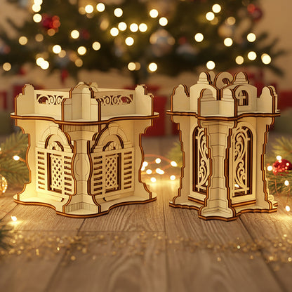 Laser cut wooden Ornaments #4 featuring two intricately detailed glowing lanterns with arched windows and ornate patterns, displayed against a warm Christmas tree bokeh background.