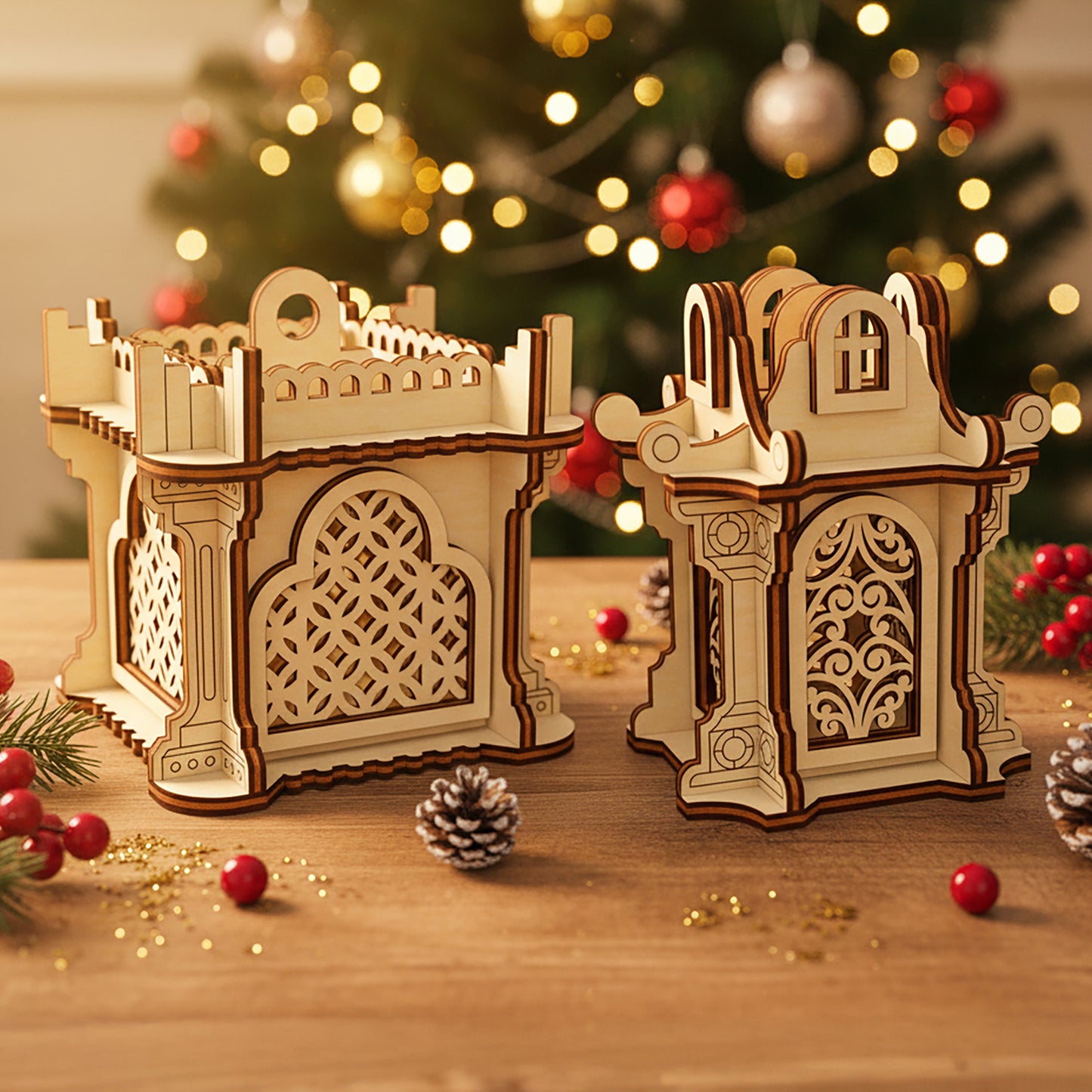 Laser cut wooden Ornaments #5 featuring two ornate glowing lanterns with intricate lattice windows and decorative rooftops, displayed against a warm Christmas tree bokeh background.