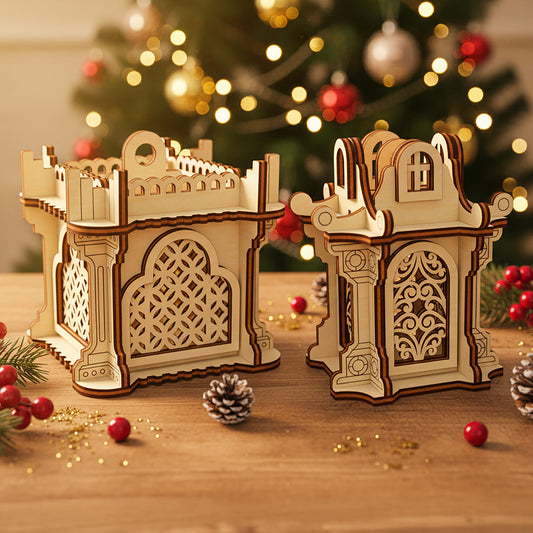 Laser cut wooden Ornaments #5 featuring two ornate glowing lanterns with intricate lattice windows and decorative rooftops, displayed against a warm Christmas tree bokeh background.