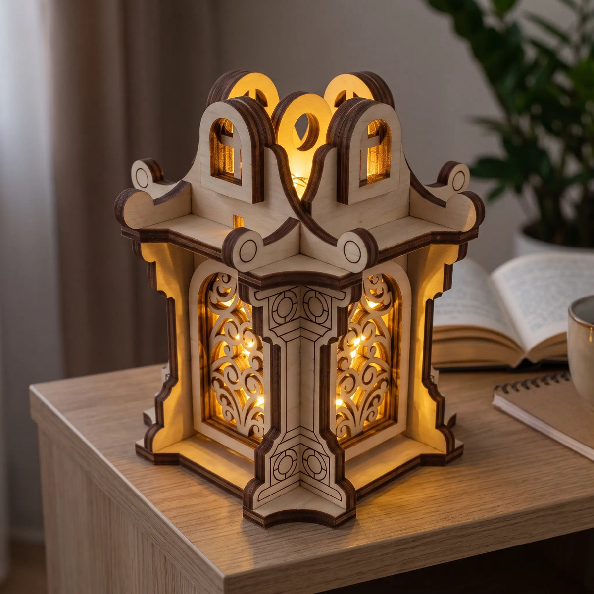 Illuminated laser cut plywood lantern glowing on wooden desk with carved ornate arches and warm fairy lights near open book.