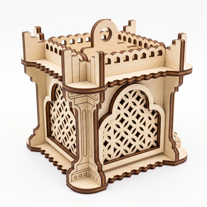 Isometric view of cubic laser cut plywood decorative lantern with carved columns and lattice arches on white background.