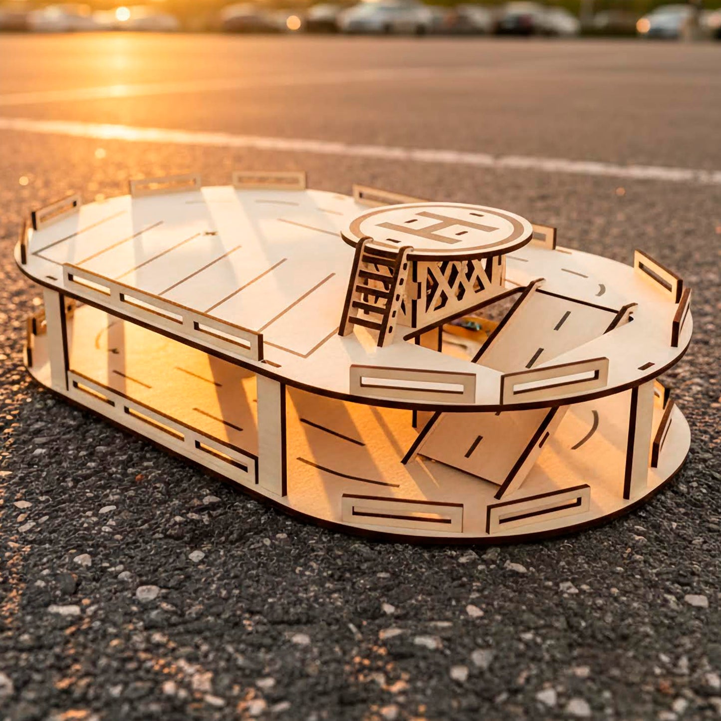 Laser cut wooden plywood parking garage with a circular helipad and ladder. Top view shows parking lane markings and a ramp between levels. DIY plywood toy set for kids, photographed outdoors on pavement during golden hour
