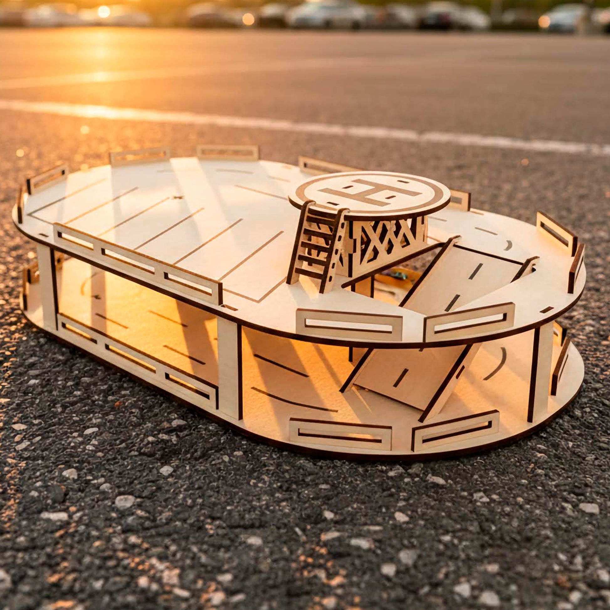 Laser cut wooden plywood parking garage with a circular helipad and ladder. Top view shows parking lane markings and a ramp between levels. DIY plywood toy set for kids, photographed outdoors on pavement during golden hour
