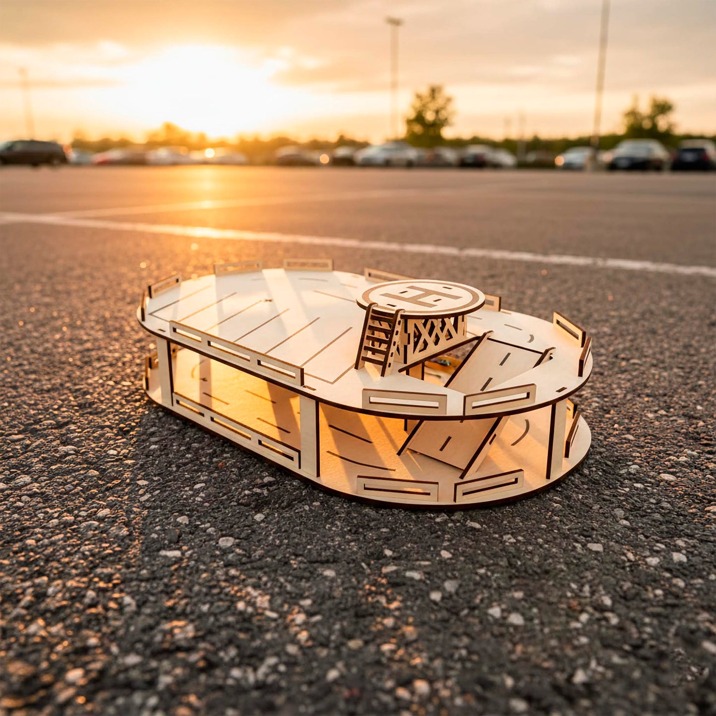 Laser cut wooden parking garage with a circular helipad and ladder. Top view shows parking lane markings and a ramp between levels. DIY plywood toy set for kids, photographed outdoors on pavement during golden hour