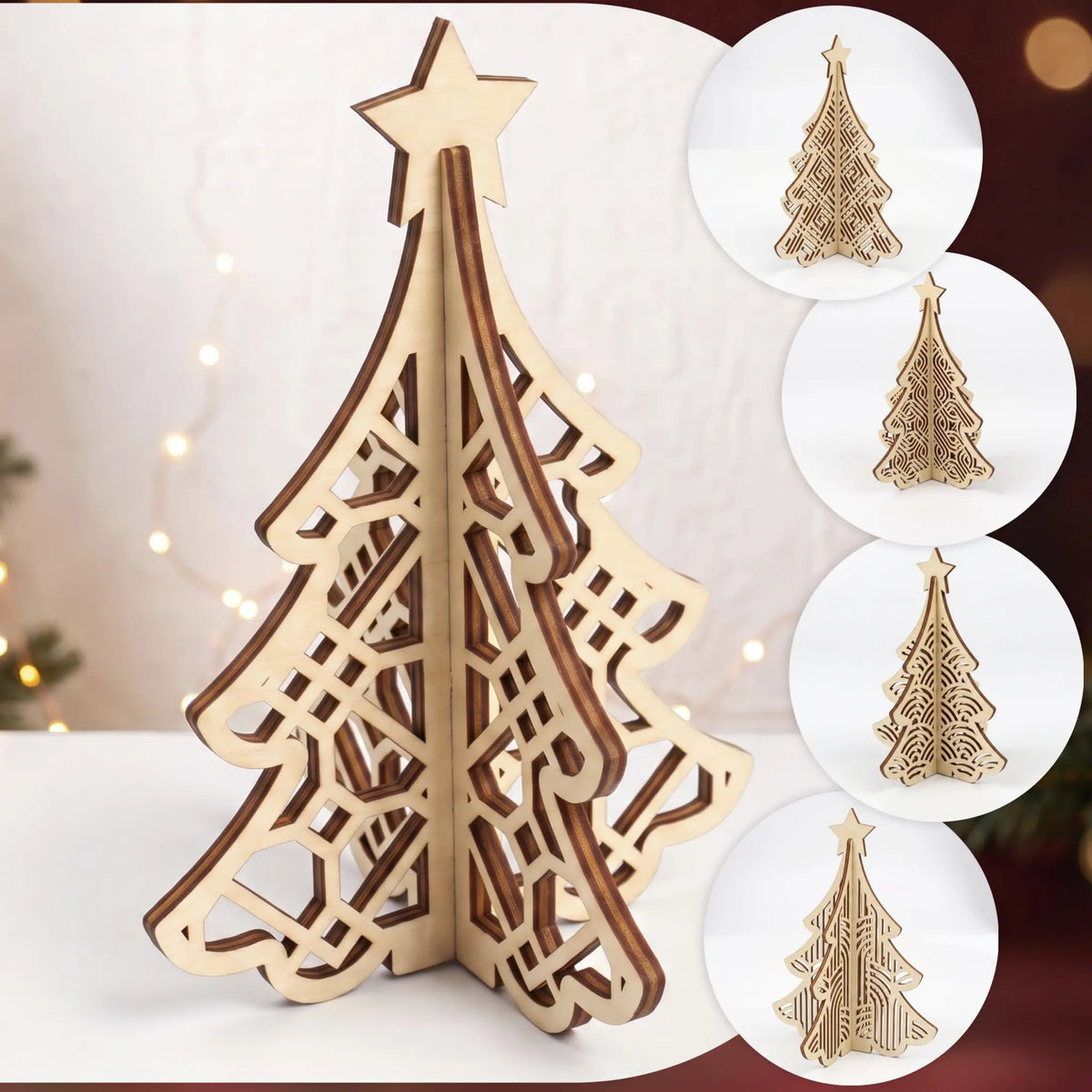 3D laser cut plywood Christmas tree with geometric cutouts and star topper beside circular preview insets of complete set.