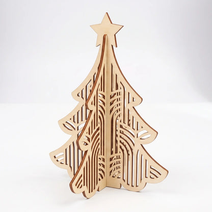 Art deco 3D laser cut plywood Christmas tree figurine with vertical striped arch cutouts and top star on white background.