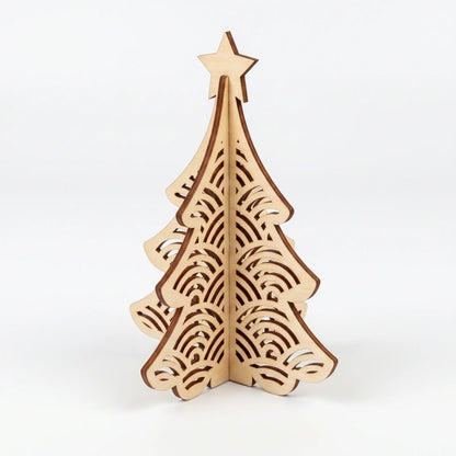 3D laser cut plywood Christmas tree figurine with scalloped concentric arch cutouts and star topper on white background.
