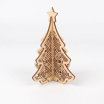 Intricate 3D laser cut plywood Christmas tree figurine with carved Celtic knot patterns and star topper on white backdrop.