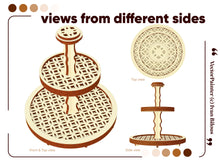Load image into Gallery viewer, View of laser cut round tiered stand from different sides
