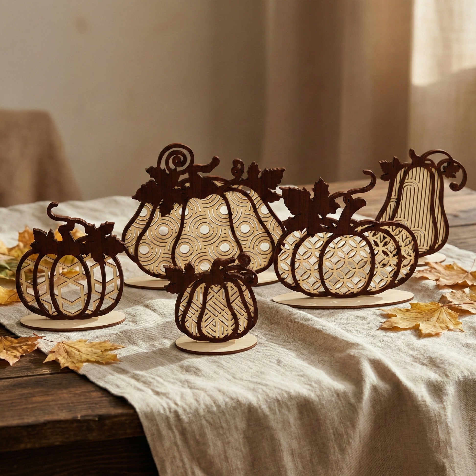 A collection of five laser cut plywood pumpkins in various sizes and geometric patterns, arranged on a linen tablecloth with autumn leaves. The wooden decor features dark brown frames and light wood inserts, showing a mix of sizes.