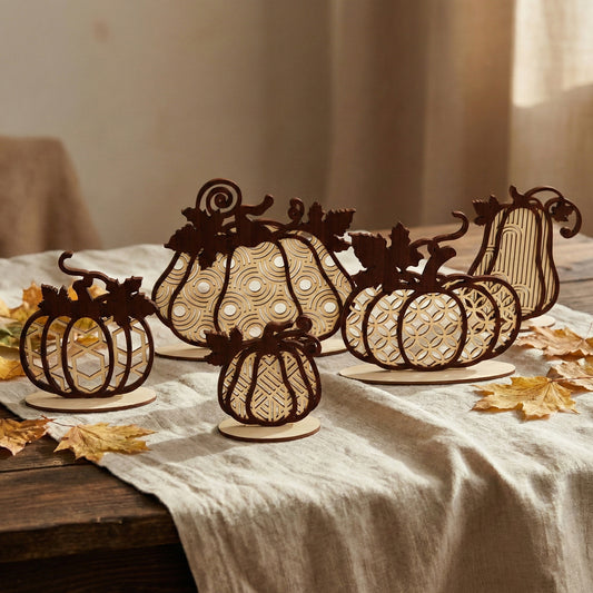 A collection of five laser cut plywood pumpkins in various sizes and geometric patterns, arranged on a linen tablecloth with autumn leaves. The wooden decor features dark brown frames and light wood inserts, showing a mix of sizes.