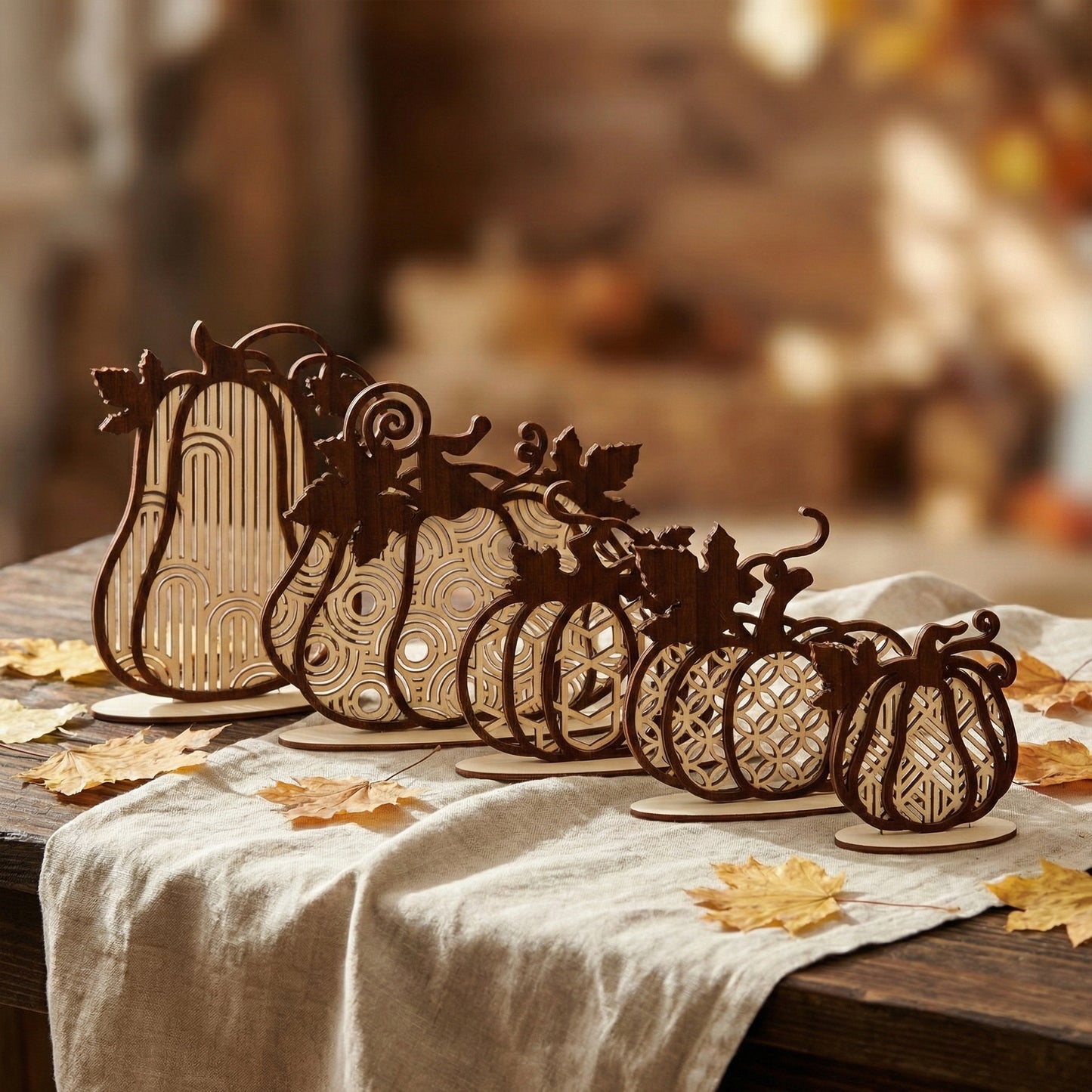 Five patterned wooden pumpkins made of laser cut plywood standing in a diagonal row. The shot shows the scale from tall to small, highlighting the different internal patterns like circles, hexagons, and stripes against a blurred background.