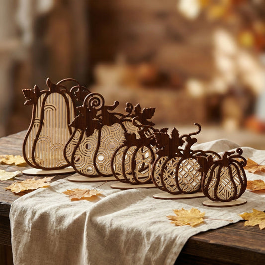 Five patterned wooden pumpkins made of laser cut plywood standing in a diagonal row. The shot shows the scale from tall to small, highlighting the different internal patterns like circles, hexagons, and stripes against a blurred background.