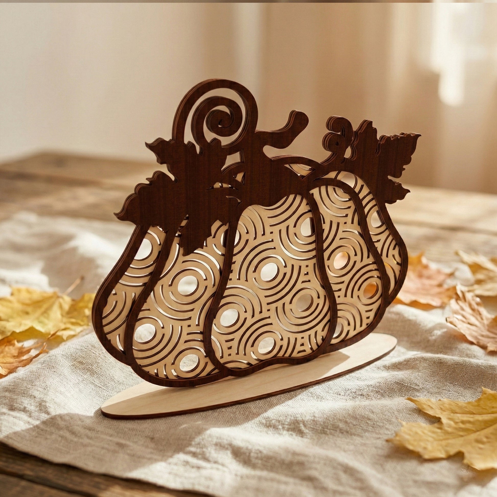 Close-up of a laser cut plywood pumpkin with a mesmerizing concentric circle pattern. The double-layered wood design creates a 3D effect. It rests on a beige fabric with natural sunlight highlighting the smooth birch grain and dark edges.