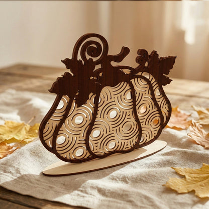 Close-up of a laser cut plywood pumpkin with a mesmerizing concentric circle pattern. The double-layered wood design creates a 3D effect. It rests on a beige fabric with natural sunlight highlighting the smooth birch grain and dark edges.