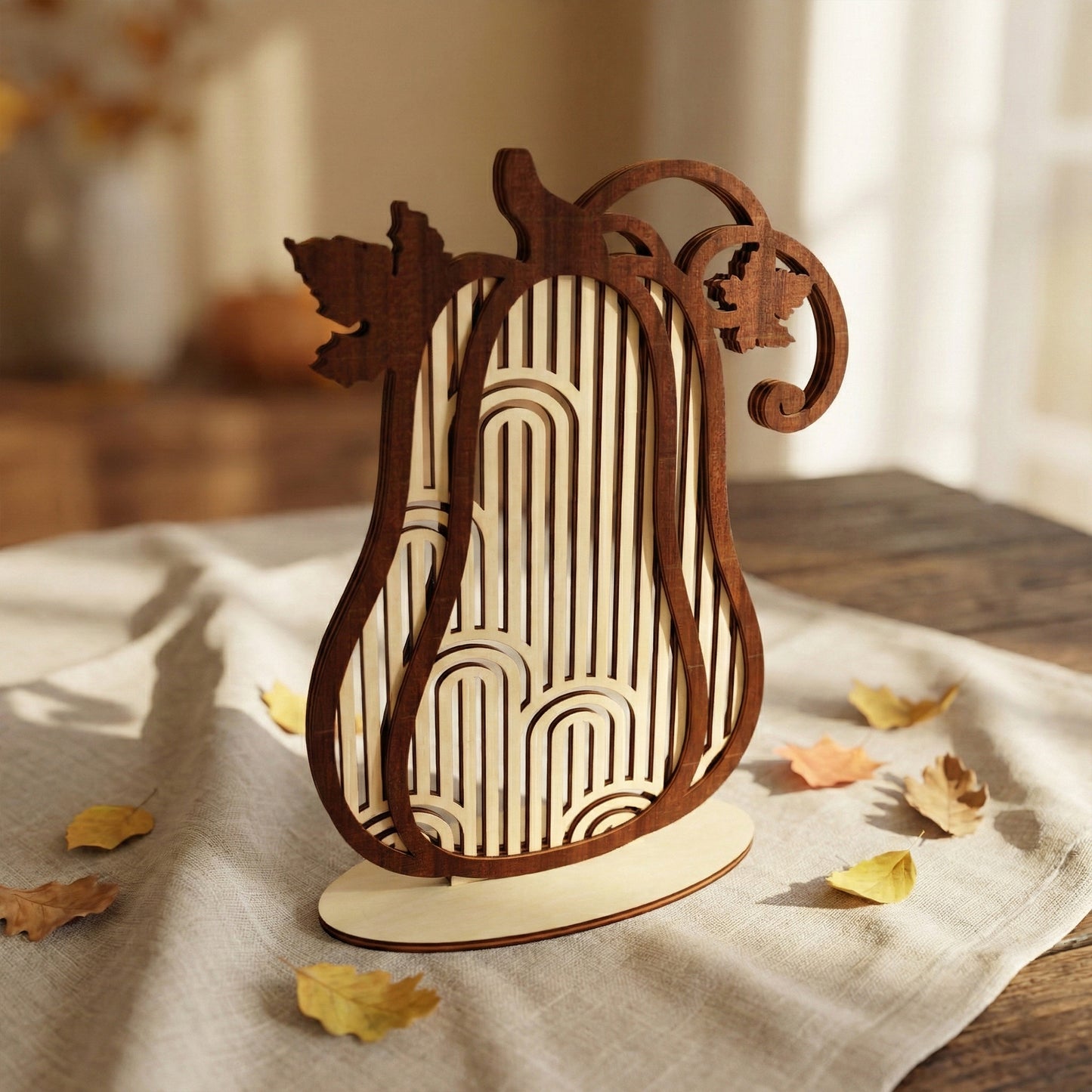 A tall, slender decorative pumpkin made of laser cut plywood featuring a modern arch and stripe pattern. The dark wood silhouette contrasts with the light plywood interior. Shown standing on a table with scattered yellow maple leaves.