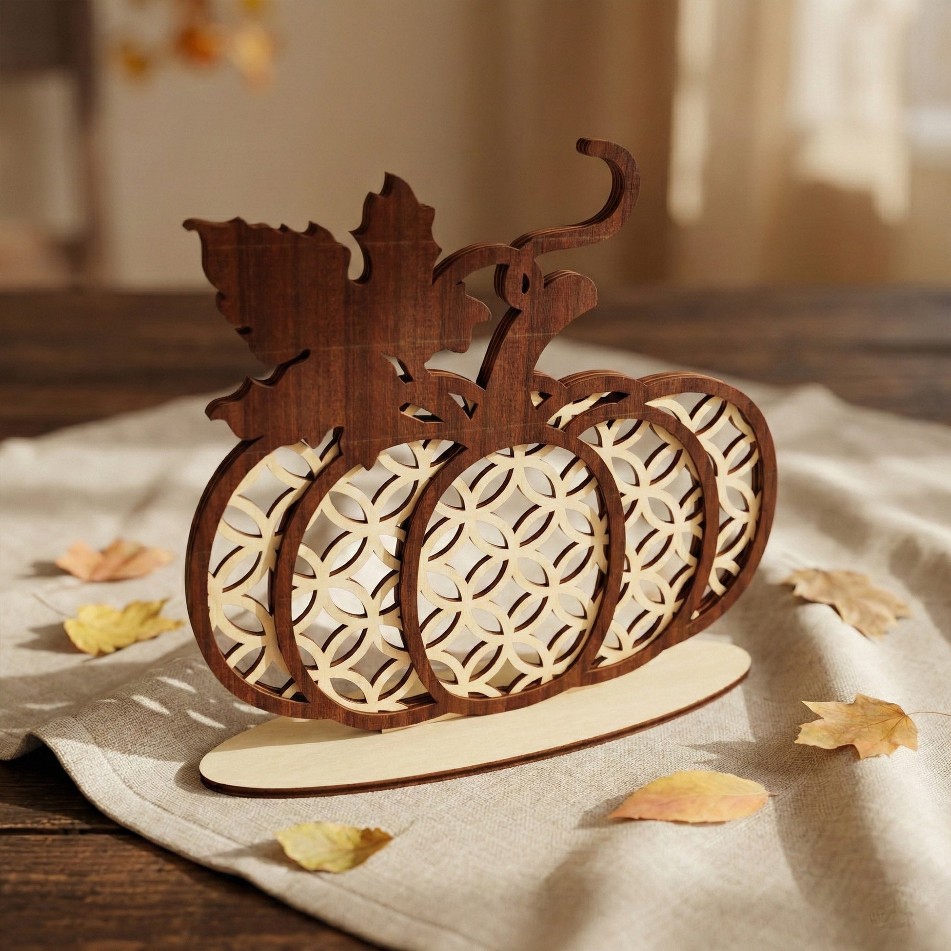 Laser cut plywood pumpkin decoration with an intricate interlocking ring pattern. The wide shape and detailed leaf at the stem are visible. High-precision wood cutting shows clean, burnt edges and a smooth, professional finish.