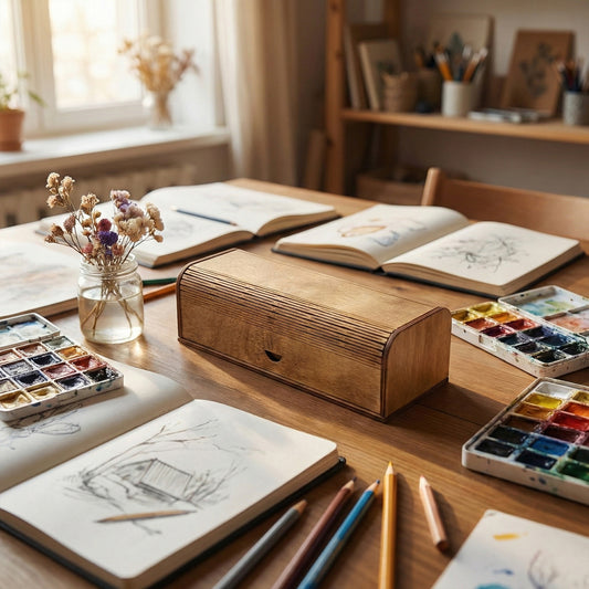 Laser cut plywood pen case resting on a wooden desk. The closed box features a curved, flexible living hinge lid. It is surrounded by an open sketchbook, scattered colored pencils, and a watercolor palette to show scale.