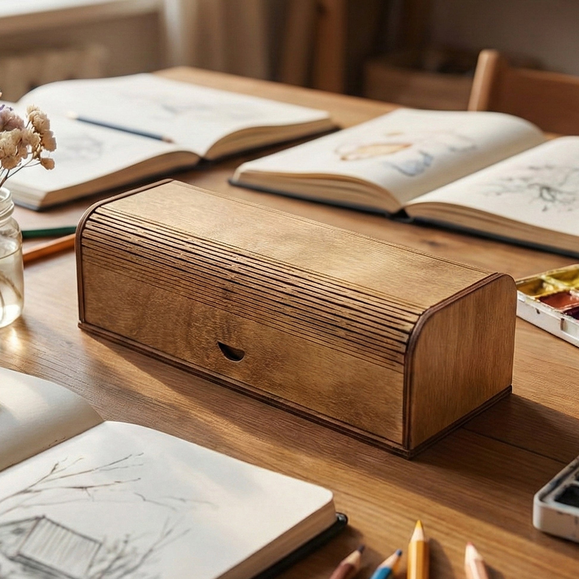 Laser cut plywood pen case resting on a wooden desk. The closed box features a curved, flexible living hinge lid. It is surrounded by an open sketchbook, scattered colored pencils, and a watercolor palette to show scale.
