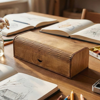Laser cut plywood pen case resting on a wooden desk. The closed box features a curved, flexible living hinge lid. It is surrounded by an open sketchbook, scattered colored pencils, and a watercolor palette to show scale.