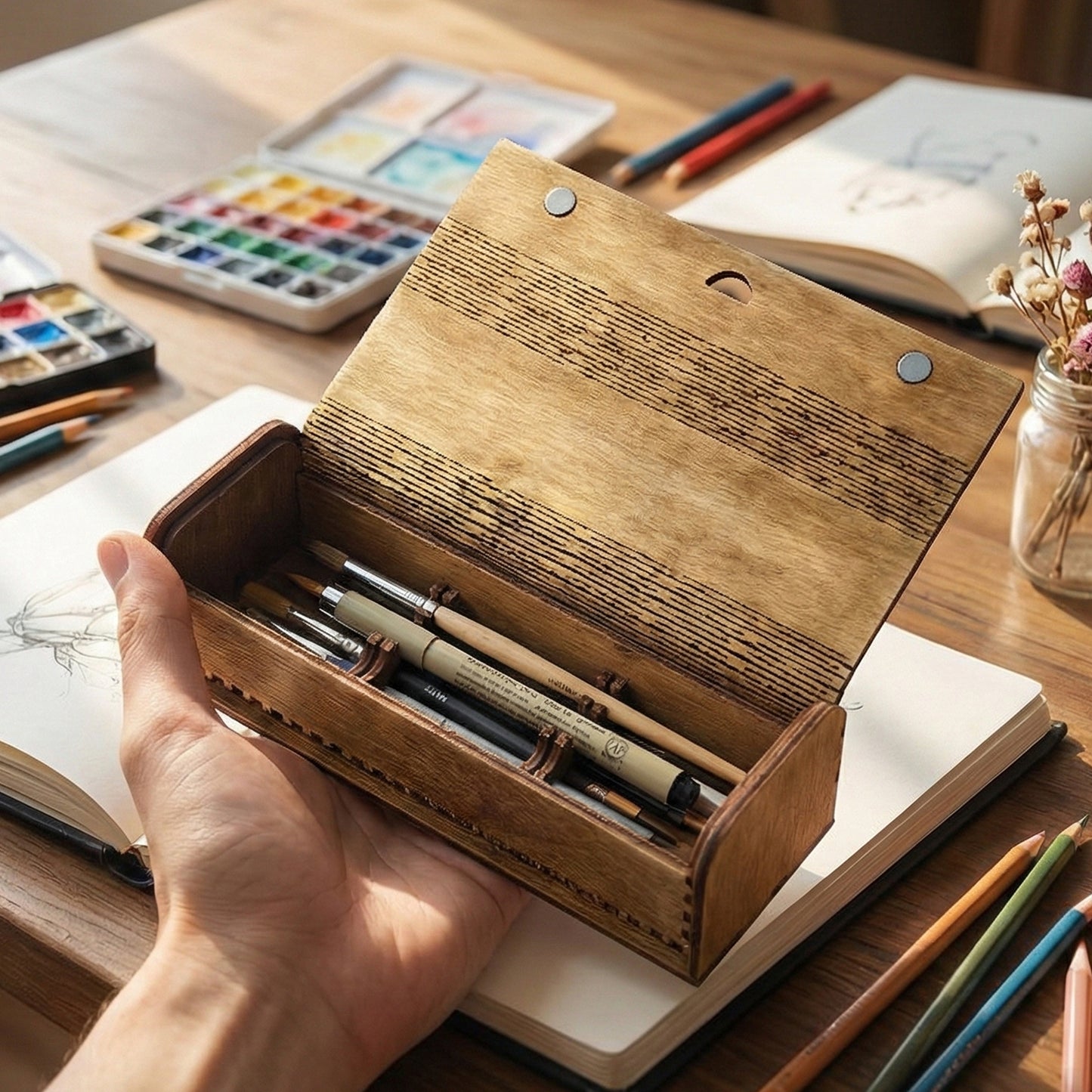 Hand holding an open laser cut plywood pen case to show the interior. The flexible living hinge lid is flipped back, revealing pens and brushes secured inside. Sketchbooks and artist pencils are visible on the desk below.