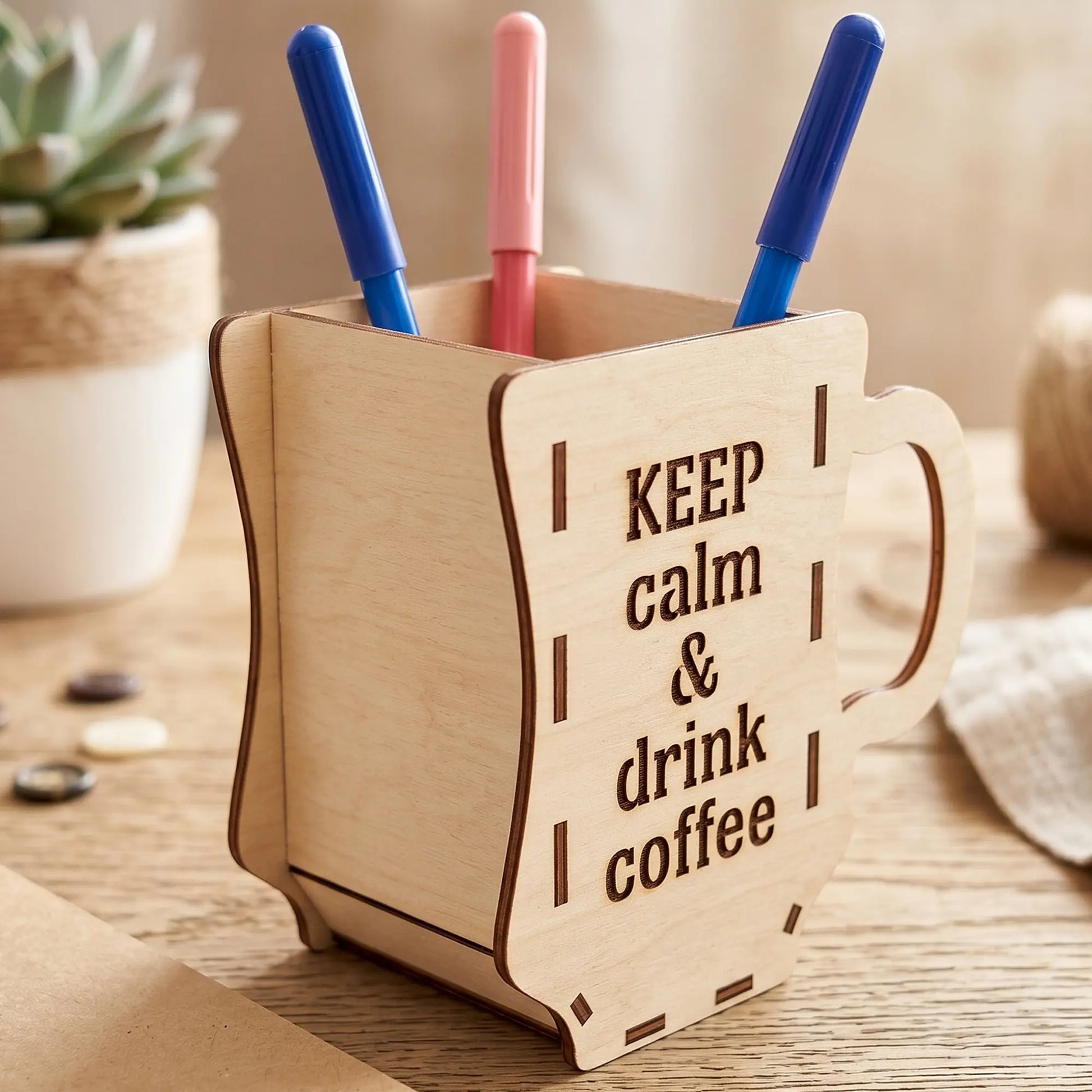 Laser cut plywood pen holder shaped like a mug with "KEEP calm & drink coffee" engraving, holding pens on a sunny desk