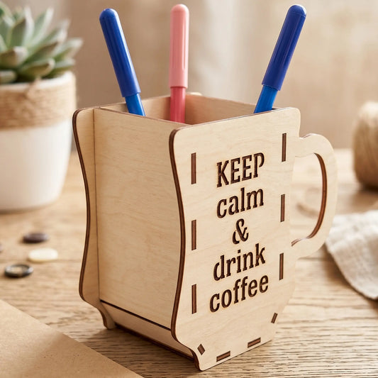 Laser cut plywood pen holder shaped like a mug with "KEEP calm & drink coffee" engraving, holding pens on a sunny desk