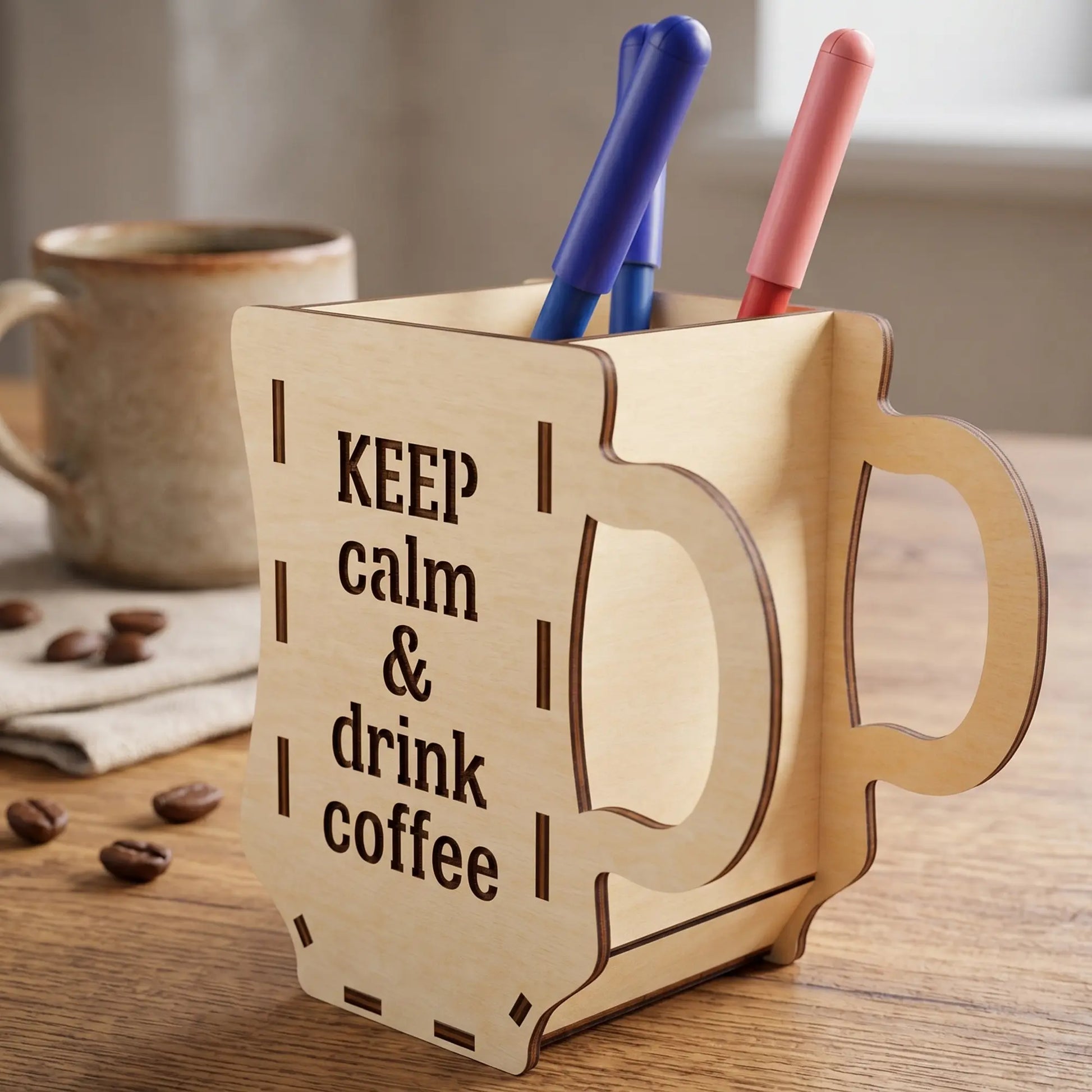 Laser cut plywood mug-shaped pen holder with coffee engraving on a table with coffee beans and a real ceramic mug