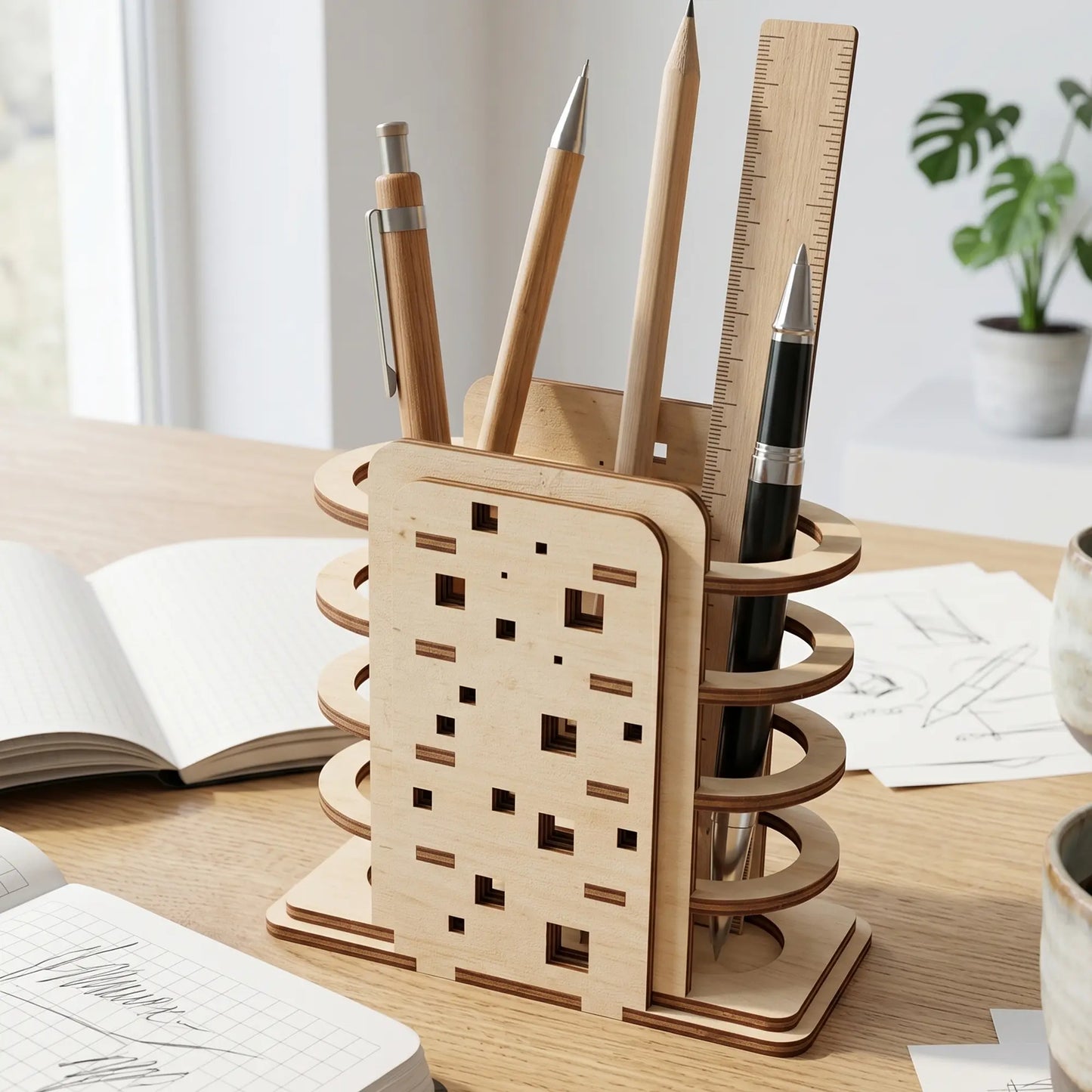 Geometric laser cut plywood pen holder on a desk with notebooks and a ruler, featuring precise square and circular cutout art