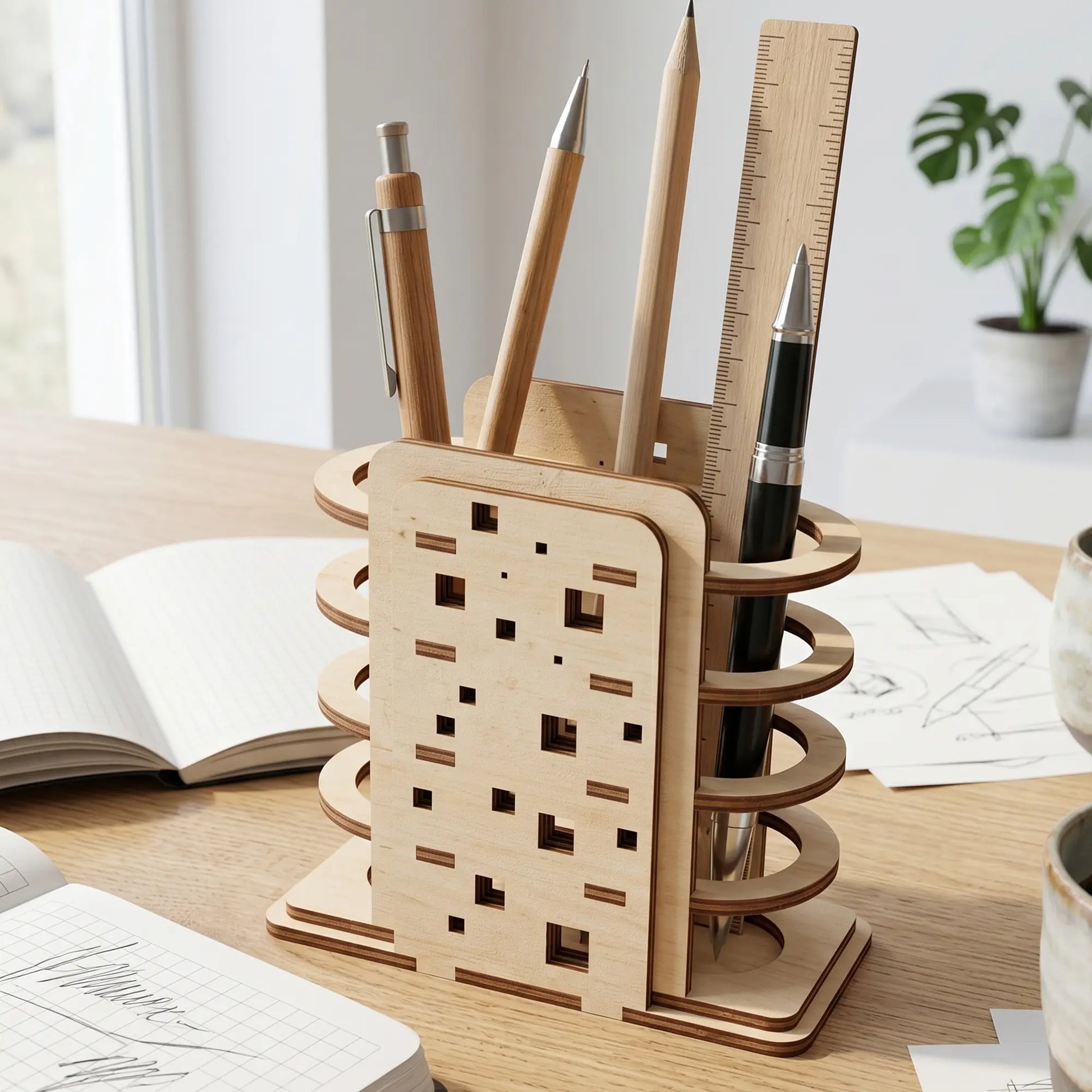 Geometric laser cut plywood pen holder on a desk with notebooks and a ruler, featuring precise square and circular cutout art