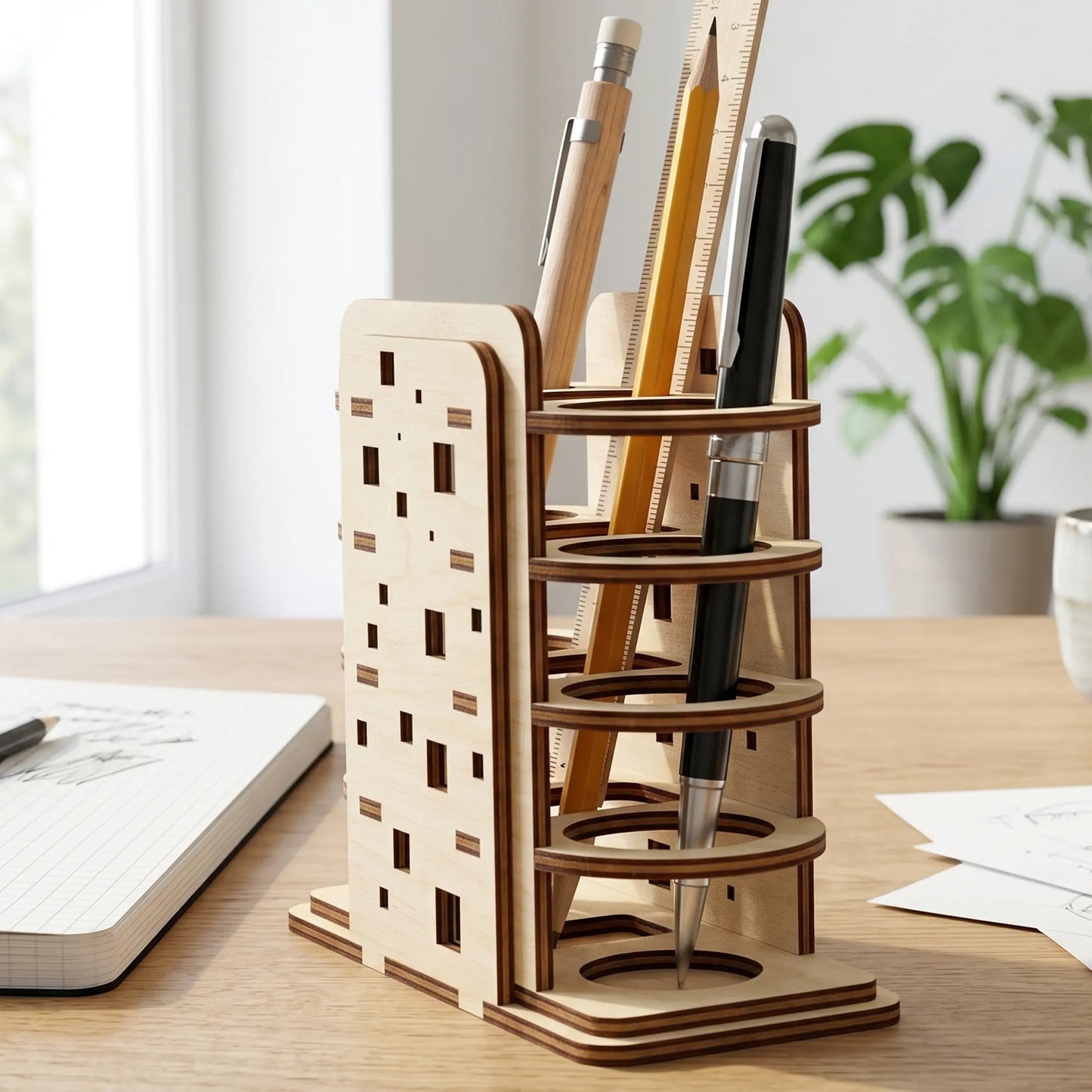 Side view of a tiered laser cut plywood desk organizer with pens and pencils on a bright minimalist table with plant decor