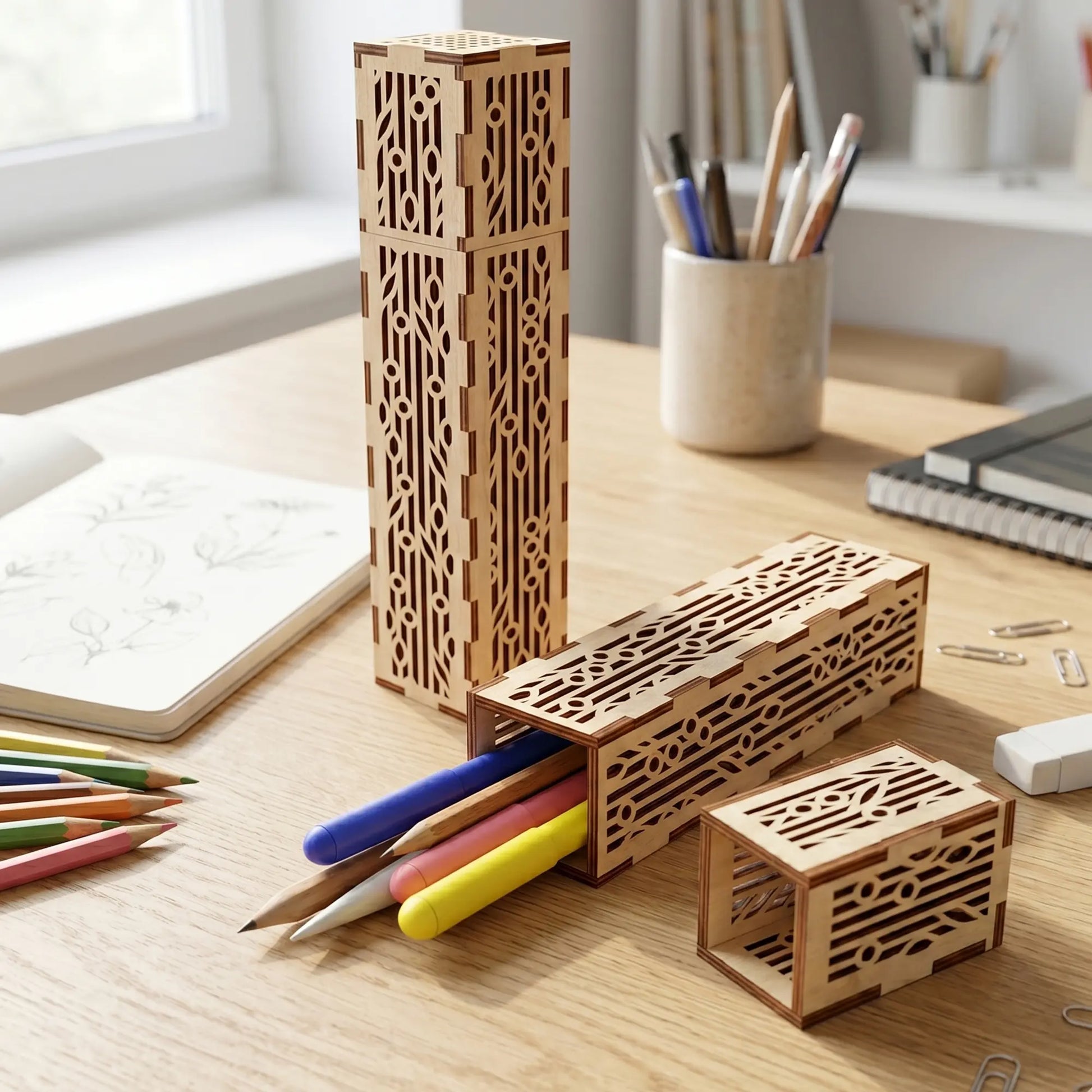 Ornate laser cut plywood pencil cases with geometric patterns on a wooden desk with colored pencils and sketchbook
