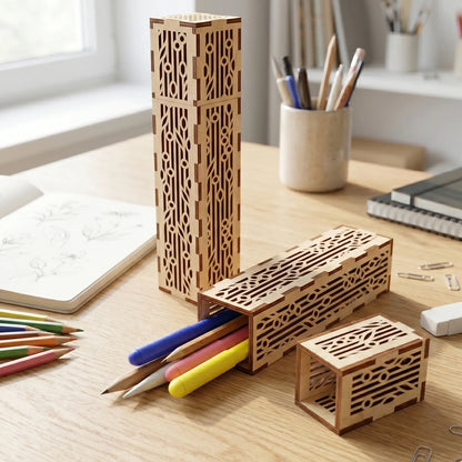 Ornate laser cut plywood pencil cases with geometric patterns on a wooden desk with colored pencils and sketchbook