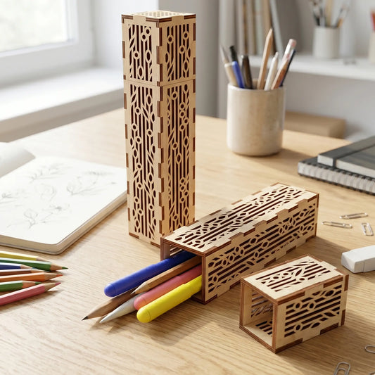 Ornate laser cut plywood pencil cases with geometric patterns on a wooden desk with colored pencils and sketchbook