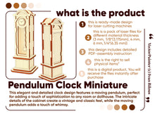 Load image into Gallery viewer, This laser cut file is a ready-made project for creating a miniature pendulum clock. The design includes an SVG, DXF, and CDR file format, making it easy to use with your laser cutter.
