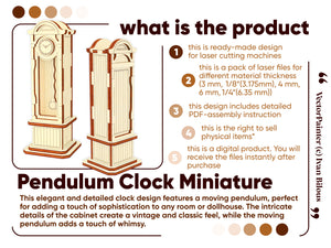 This laser cut file is a ready-made project for creating a miniature pendulum clock. The design includes an SVG, DXF, and CDR file format, making it easy to use with your laser cutter.