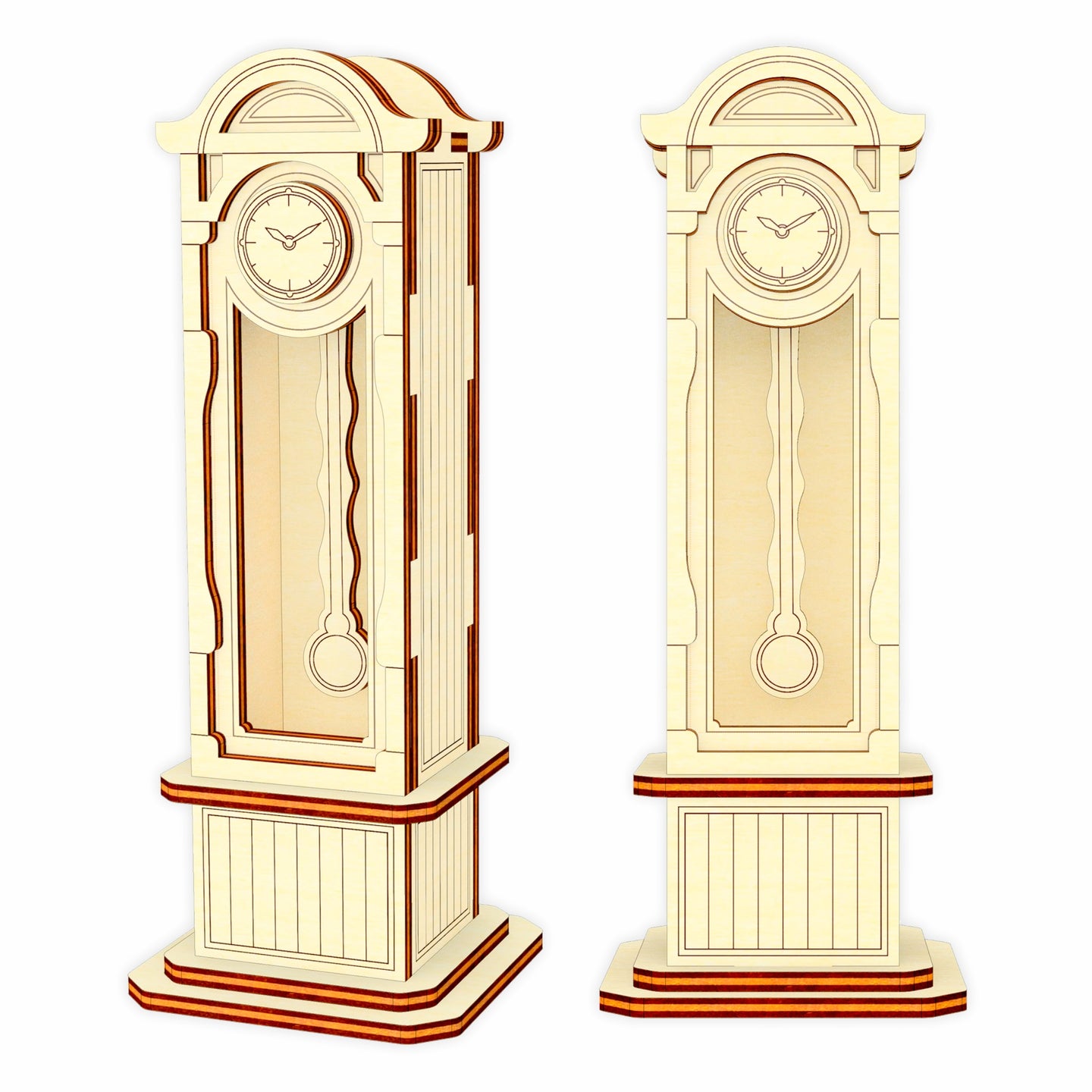 This is a laser cut design of a Pendulum Clock miniature with intricate details. The clock cabinet is made from plywood and features a moving pendulum.