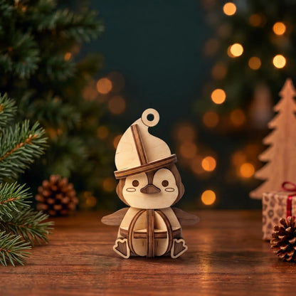 Laser cut plywood penguin ornament wearing Santa hat on rustic wooden table with pinecones and glowing Christmas lights.