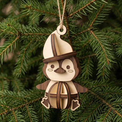 Laser cut plywood cute penguin Christmas ornament hanging by twine string among green spruce needles on a holiday tree.