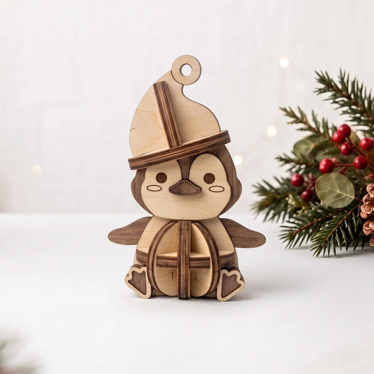 Front view of 3D laser cut plywood penguin ornament with slotted belly next to holiday pine branch and red winter berries.