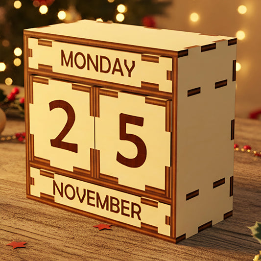 Laser cut wooden Perpetual calendar with rotating blocks showing day, date and month, displayed against a warm Christmas tree bokeh and ornaments background.