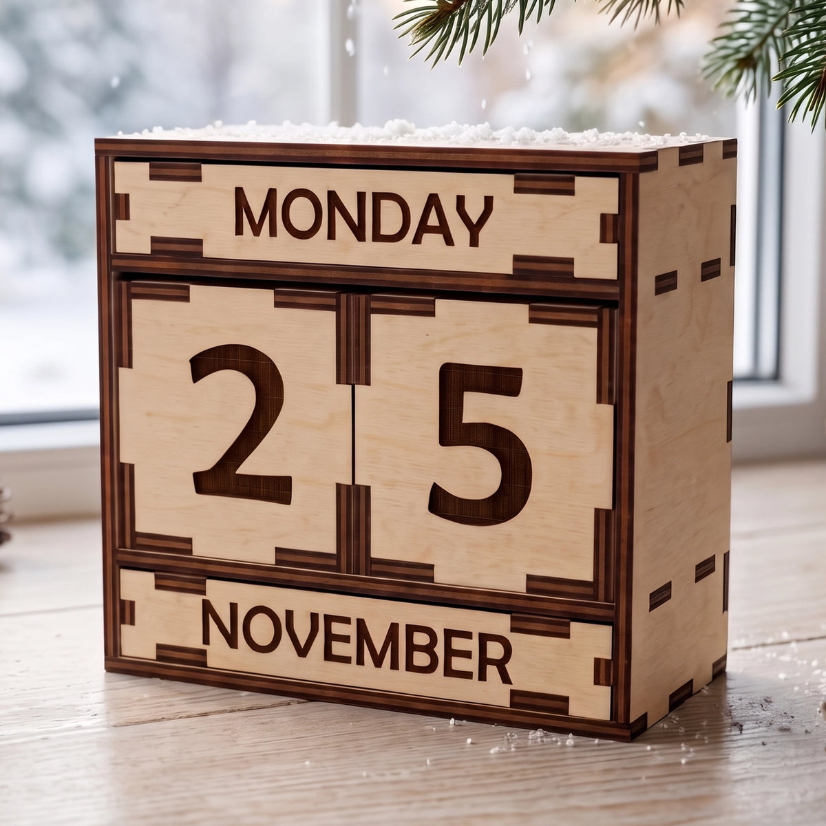 Laser cut plywood perpetual desk calendar block stand on bright window sill beside frosted pine branches and pinecones.