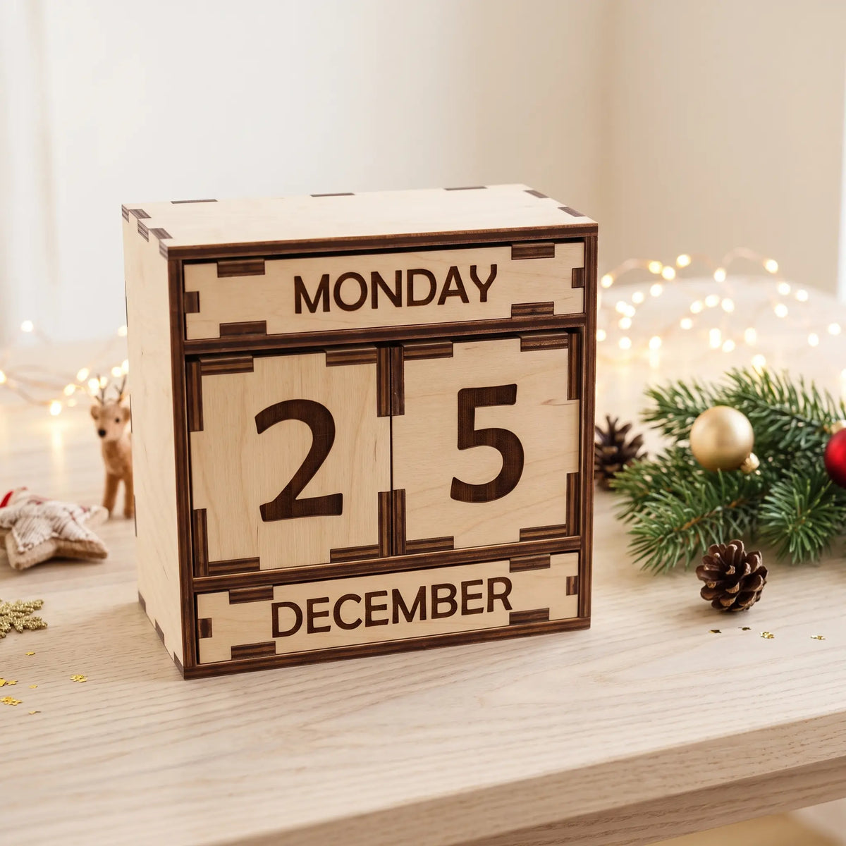 Wooden laser cut plywood perpetual calendar block stand placed on a cozy table next to festive pine bough and lights.