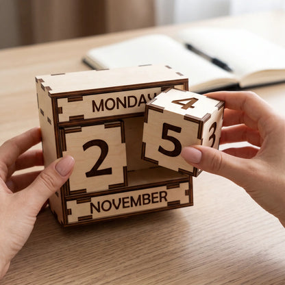 Hands changing wooden date block inside a laser cut plywood perpetual calendar desk organizer beside an open notebook.