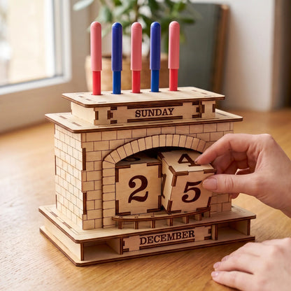 Woman setting wooden date blocks on a laser cut plywood fireplace perpetual calendar pen stand on sunny wooden tabletop.