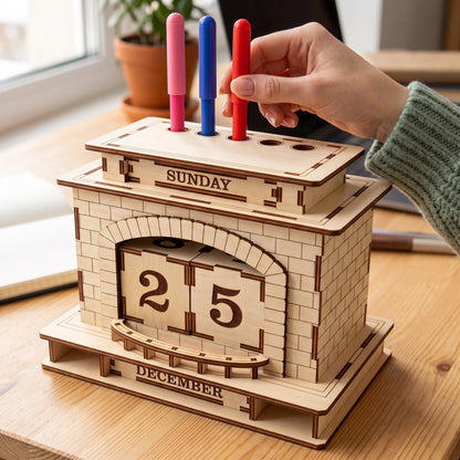 Hand placing red pen into top slot of laser cut plywood fireplace perpetual calendar organizer on bright study desk.