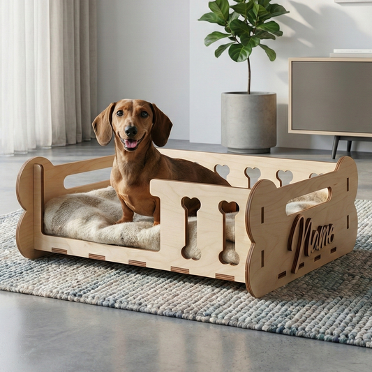 Dog lying on a wooden laser cut pet bed with 'Milo' engraved, in a home setting.