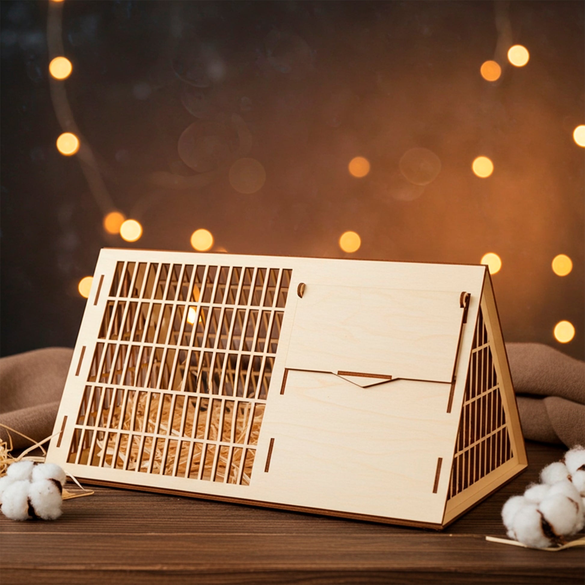 Laser cut wooden plywood Pet Cage or habitat divider, featuring an A-frame triangular roof and detailed slotted ventilation grid on the sides and top. The lightweight plywood structure, designed as a DIY kit, has a small, central access door on the side panel. White background, showing the wood craftsmanship.