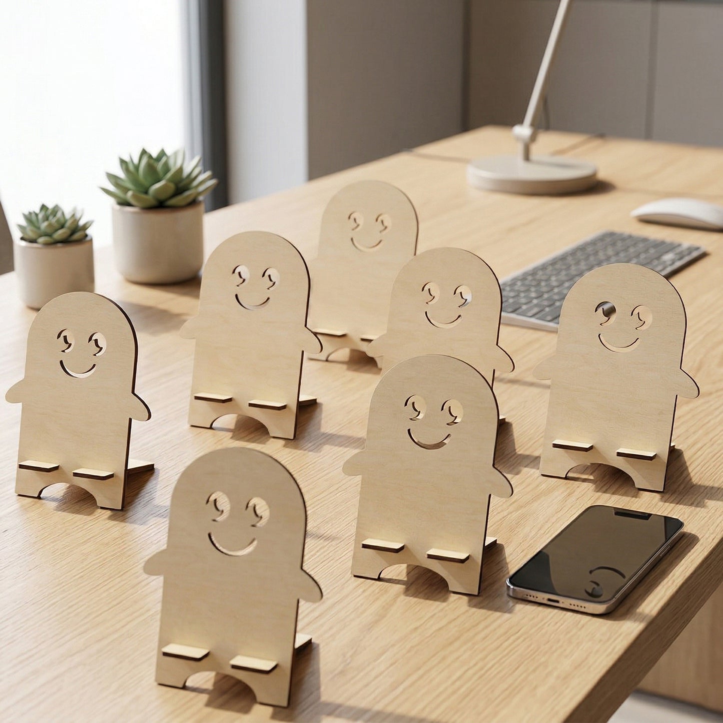 A collection of seven character-shaped wooden phone stands made from laser-cut plywood. The stands feature simple smiley faces and a two-piece interlocking design. Arranged on a modern light wood desk next to a smartphone and small succulent plants.